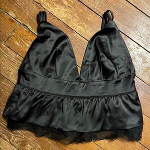 Luxurious Black Satin Lace Trim Top